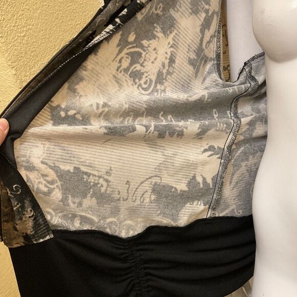 Vintage Bali Maximalist Artwear Unique Beige Black Ruched Zip Up Shacket - Picture 8 of 10